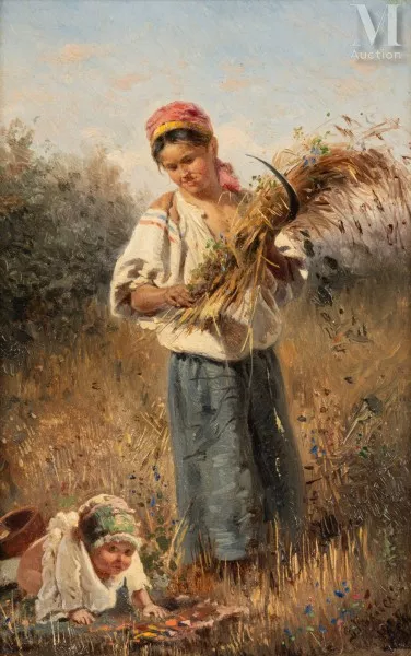 Paysanne à la gerbe de blé et son enfant